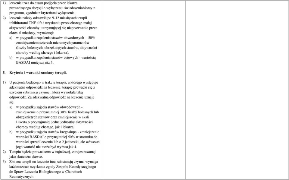 zmniejszeniem czterech mierzonych parametrów (liczby bolesnych, obrzękniętych stawów, aktywności choroby według chorego i lekarza), b) w przypadku zapalenia stawów osiowych - wartością BASDAI
