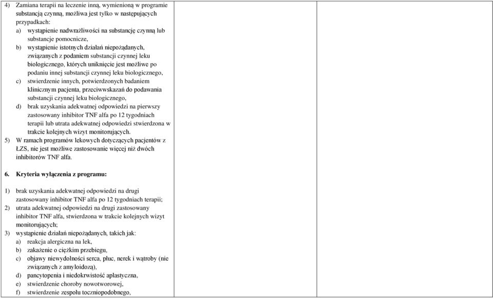 biologicznego, c) stwierdzenie innych, potwierdzonych badaniem klinicznym pacjenta, przeciwwskazań do podawania substancji czynnej leku biologicznego, d) brak uzyskania adekwatnej odpowiedzi na