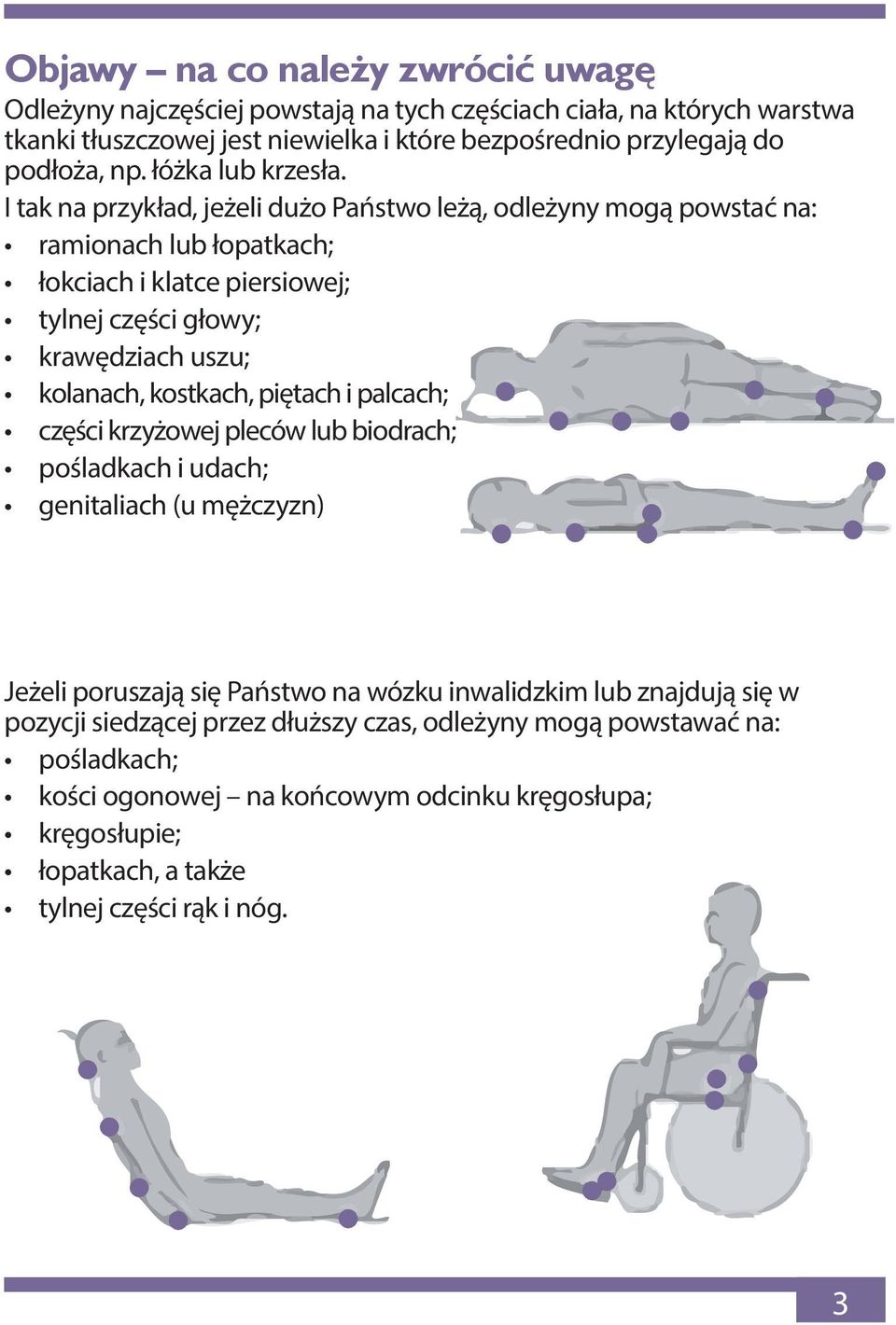 I tak na przykład, jeżeli dużo Państwo leżą, odleżyny mogą powstać na: ramionach lub łopatkach; łokciach i klatce piersiowej; tylnej części głowy; krawędziach uszu; kolanach, kostkach,