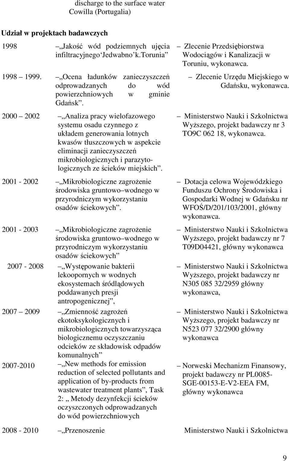 2000 2002 Analiza pracy wielofazowego systemu osadu czynnego z układem generowania lotnych kwasów tłuszczowych w aspekcie eliminacji zanieczyszczeń mikrobiologicznych i parazytologicznych ze ścieków