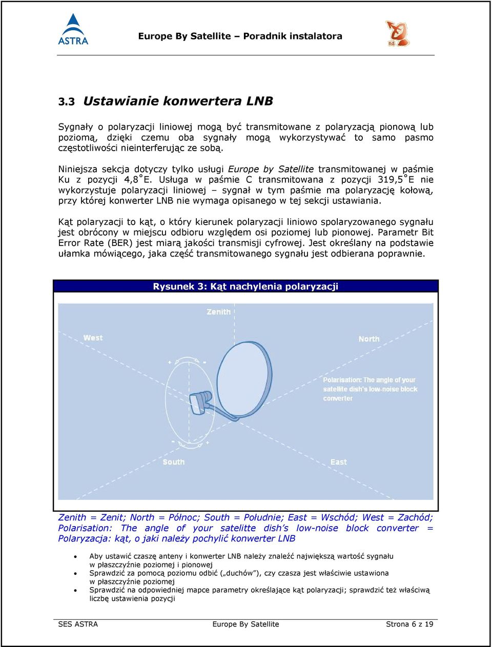 Usługa w paśmie C transmitowana z pozycji 319,5 E nie wykorzystuje polaryzacji liniowej sygnał w tym paśmie ma polaryzację kołową, przy której konwerter LNB nie wymaga opisanego w tej sekcji