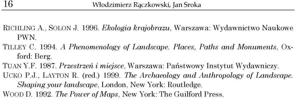 Przestrzeń i miejsce, Warszawa: Państwowy Instytut Wydawniczy. UCKO P.J., LAYTON R. (red.) 1999.