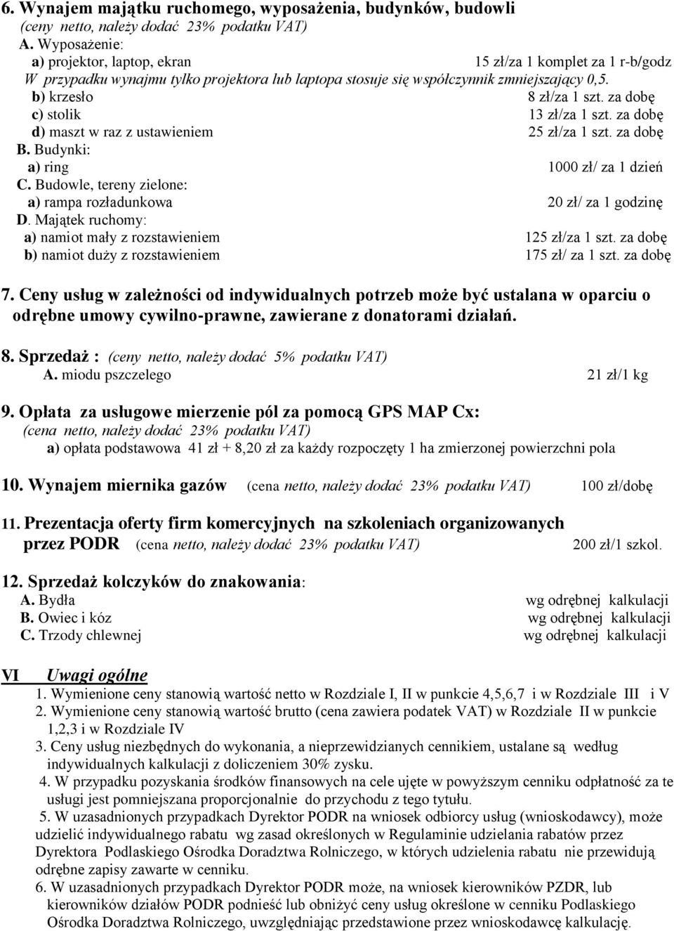 za dobę c) stolik 13 zł/za 1 szt. za dobę d) maszt w raz z ustawieniem 25 zł/za 1 szt. za dobę B. Budynki: a) ring 1000 zł/ za 1 dzień C.