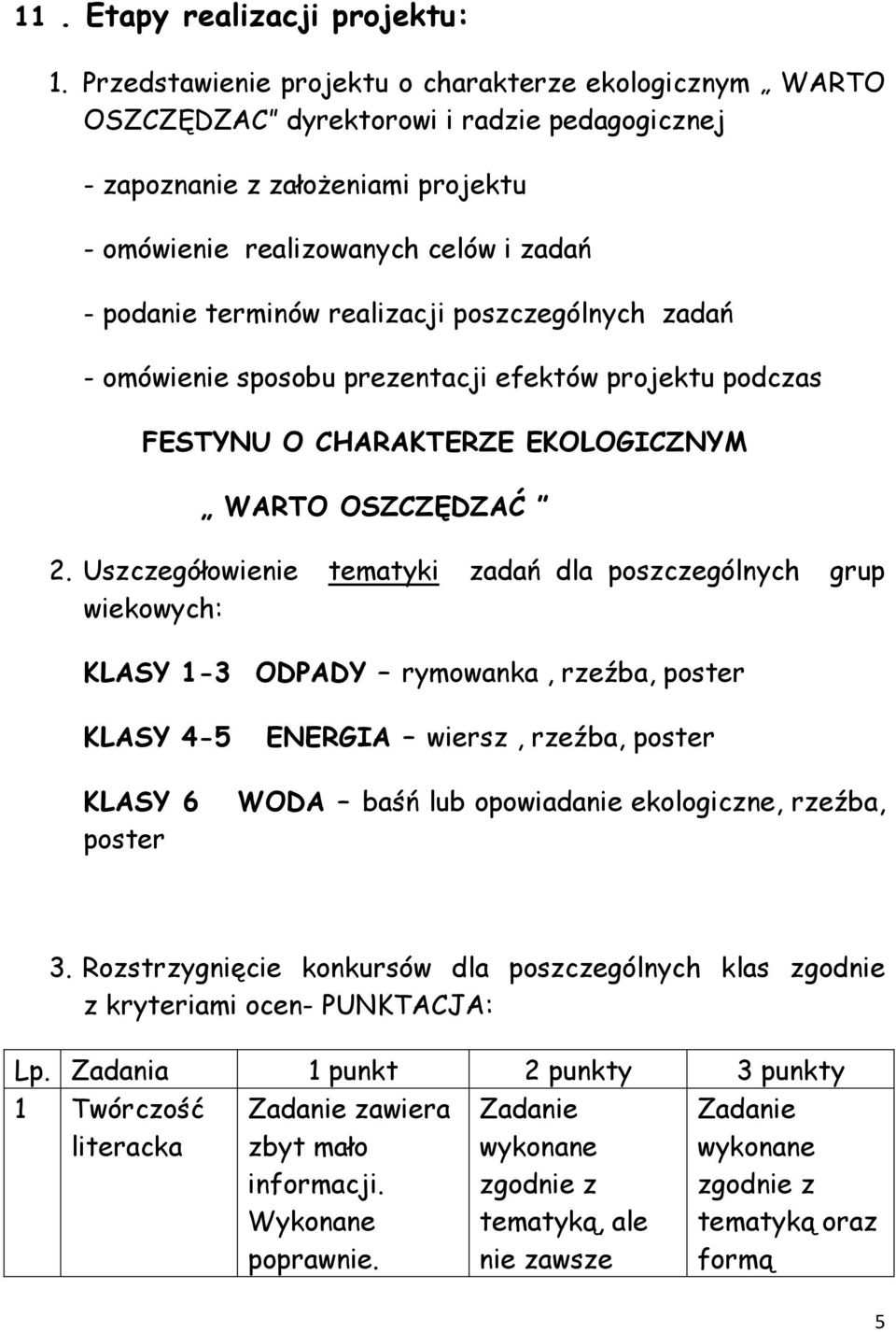 realizacji poszczególnych zadań - omówienie sposobu prezentacji efektów projektu podczas FESTYNU O CHARAKTERZE EKOLOGICZNYM WARTO OSZCZĘDZAĆ 2.