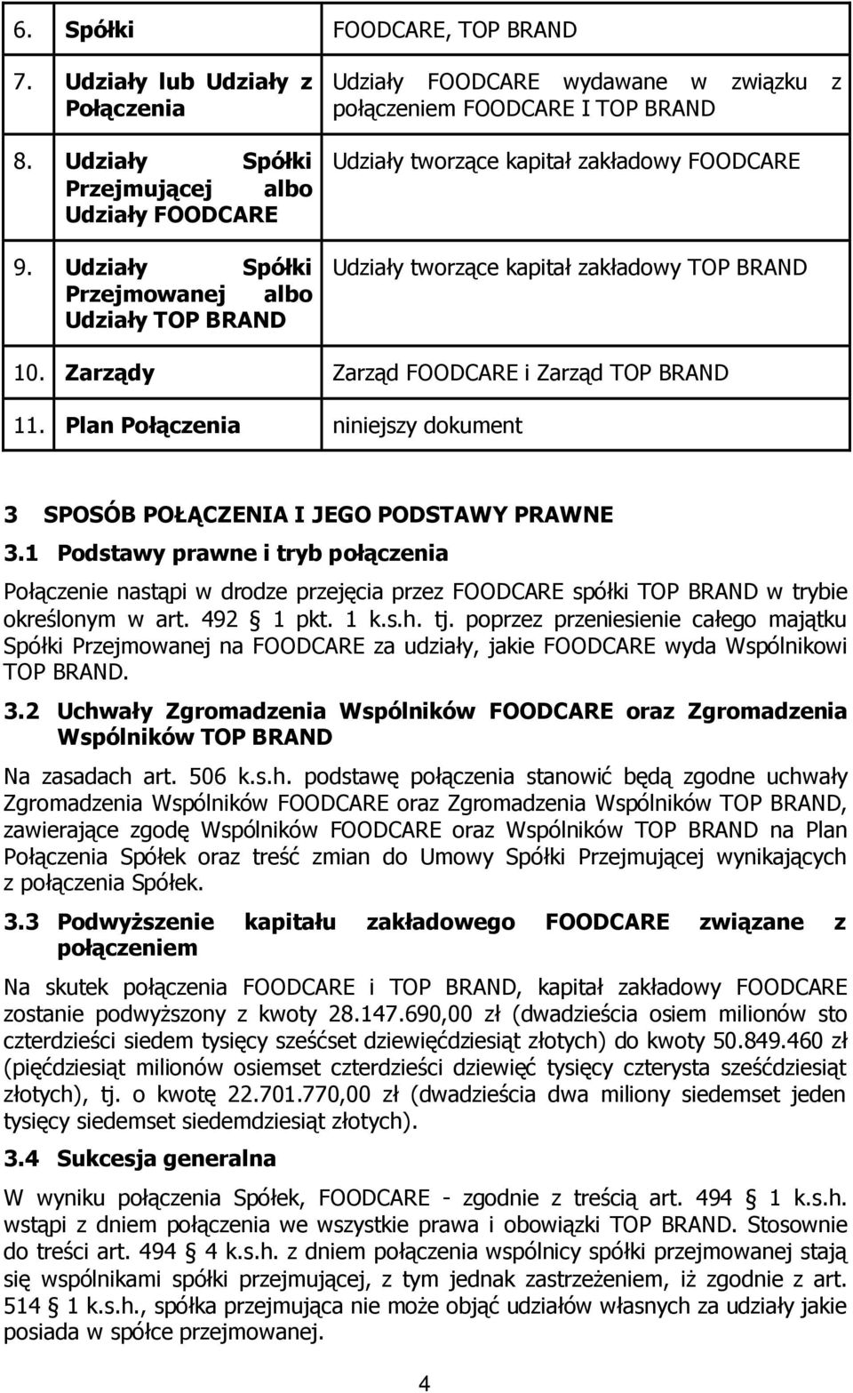 zakładowy TOP BRAND 10. Zarządy Zarząd FOODCARE i Zarząd TOP BRAND 11. Plan Połączenia niniejszy dokument 3 SPOSÓB POŁĄCZENIA I JEGO PODSTAWY PRAWNE 3.
