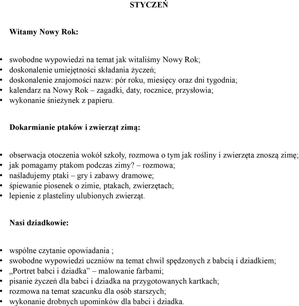 Dokarmianie ptaków i zwierząt zimą: obserwacja otoczenia wokół szkoły, rozmowa o tym jak rośliny i zwierzęta znoszą zimę; jak pomagamy ptakom podczas zimy?