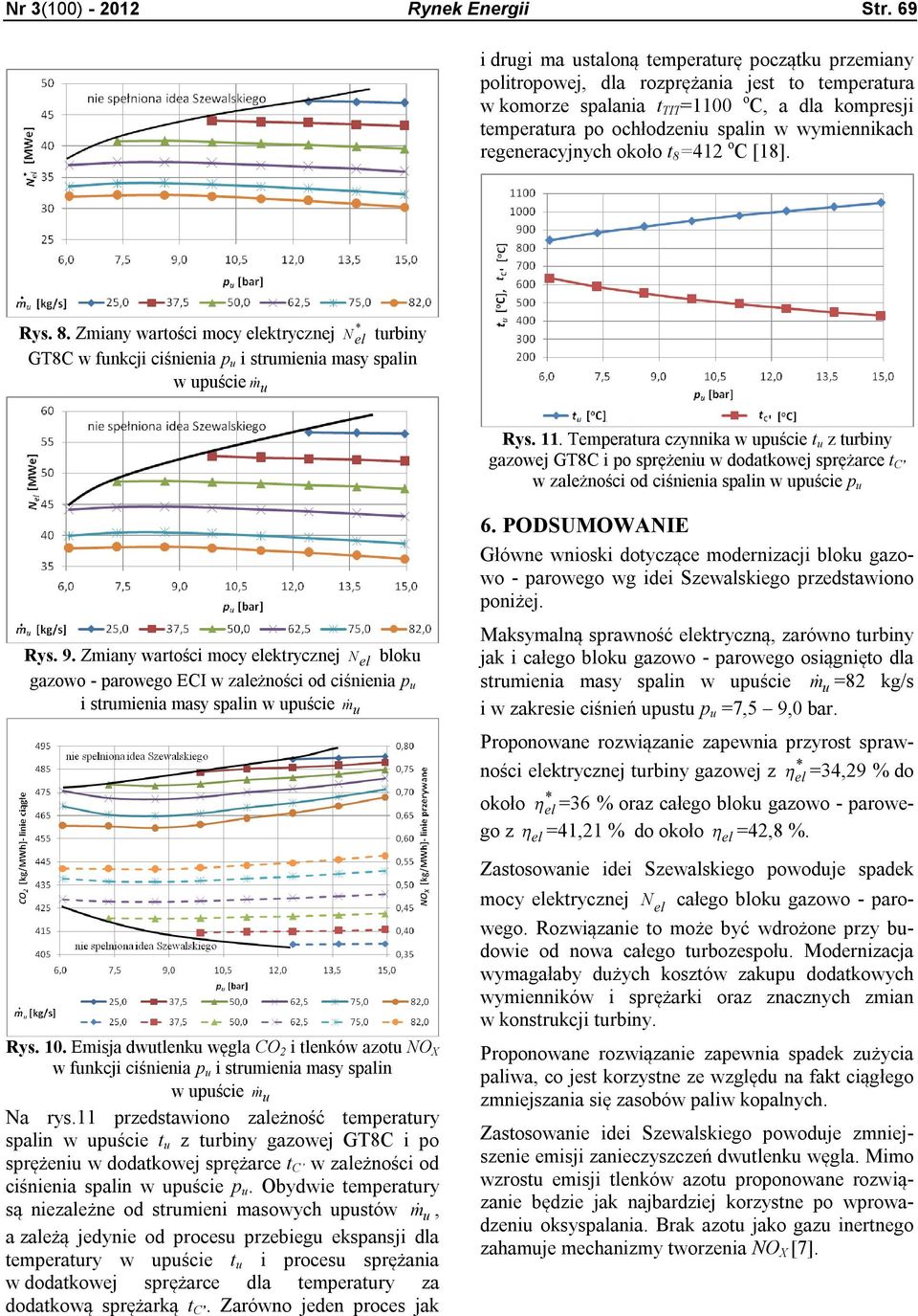 wymiennikach regeneracyjnych około t 8 =412 o C [18]. Rys. 8. Zmiany wartości mocy ektrycznej N turbiny GT8C w funkcji ciśnienia p u i strumienia masy spalin w upuście m u Rys. 11.