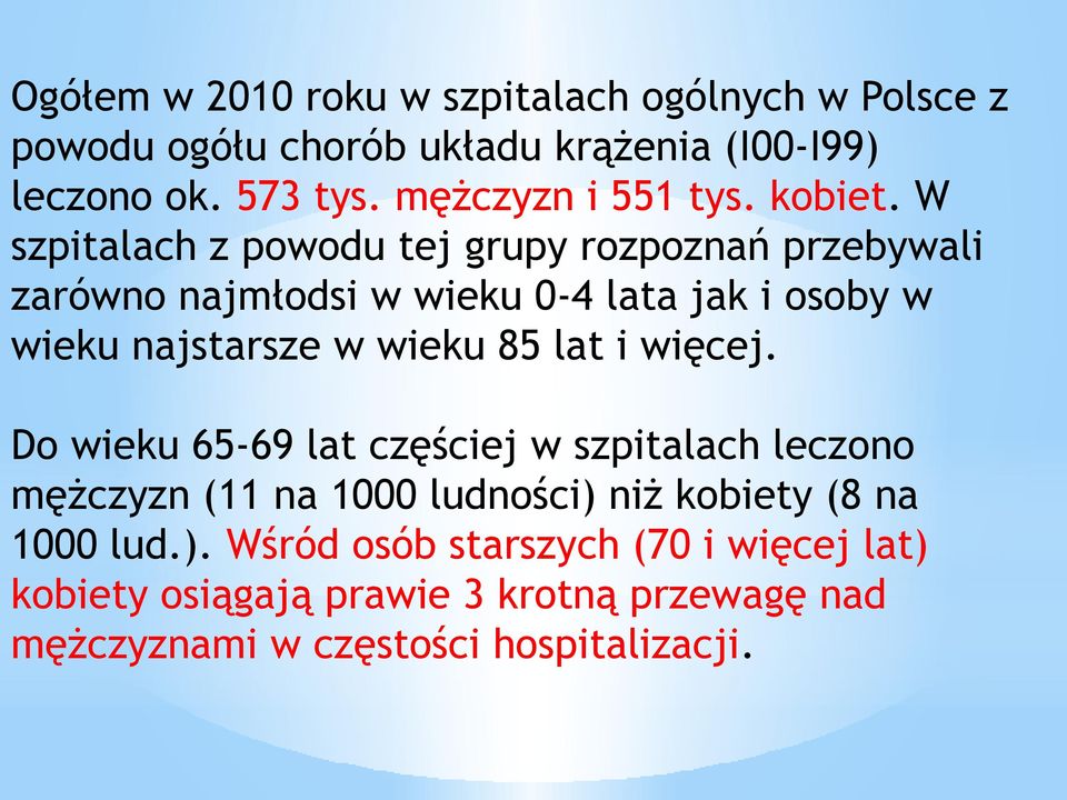 W szpitalach z powodu tej grupy rozpoznań przebywali zarówno najmłodsi w wieku 0-4 lata jak i osoby w wieku najstarsze w wieku 85