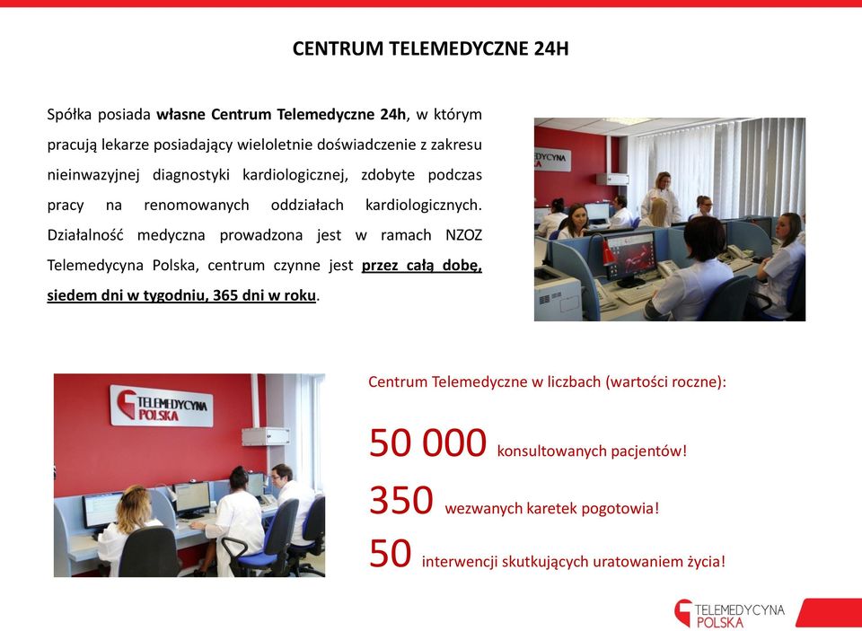 Działalność medyczna prowadzona jest w ramach NZOZ Telemedycyna Polska, centrum czynne jest przez całą dobę, siedem dni w tygodniu, 365 dni w