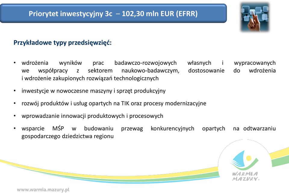 inwestycje w nowoczesne maszyny i sprzęt produkcyjny rozwój produktów i usług opartych na TIK oraz procesy modernizacyjne wprowadzanie