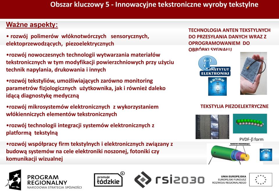 fizjologicznych użytkownika, jak i również daleko idącą diagnostykę medyczną rozwój mikrosystemów elektronicznych z wykorzystaniem włókienniczych elementów tekstronicznych rozwój technologii