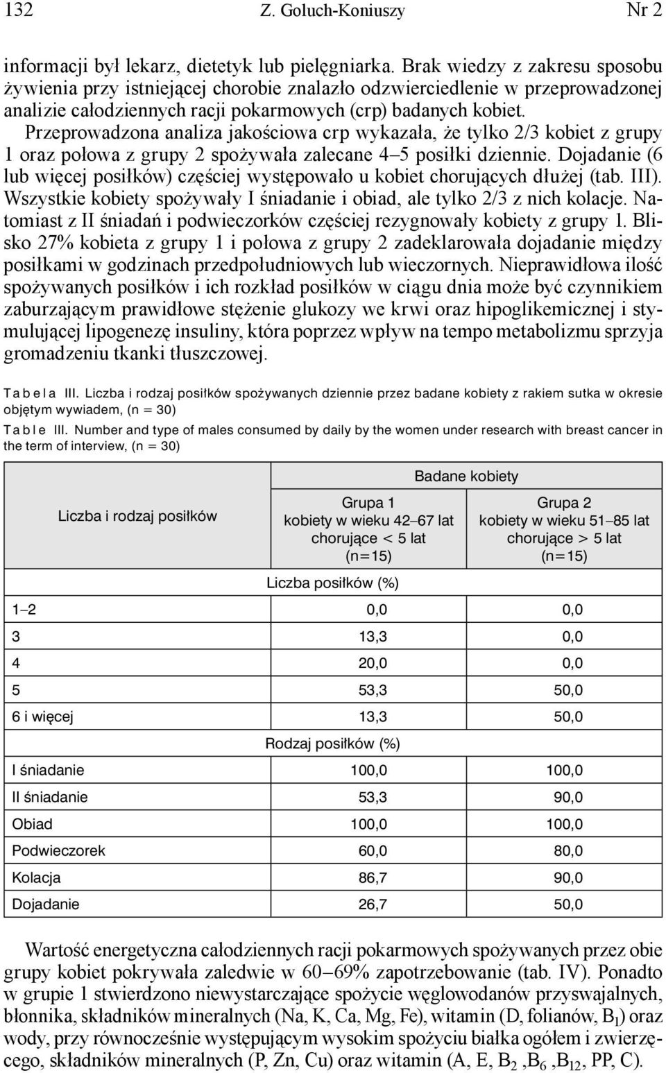 Przeprowadzona analiza jakościowa crp wykazała, że tylko 2/3 kobiet z grupy 1 oraz połowa z grupy 2 spożywała zalecane 4 5 posiłki dziennie.