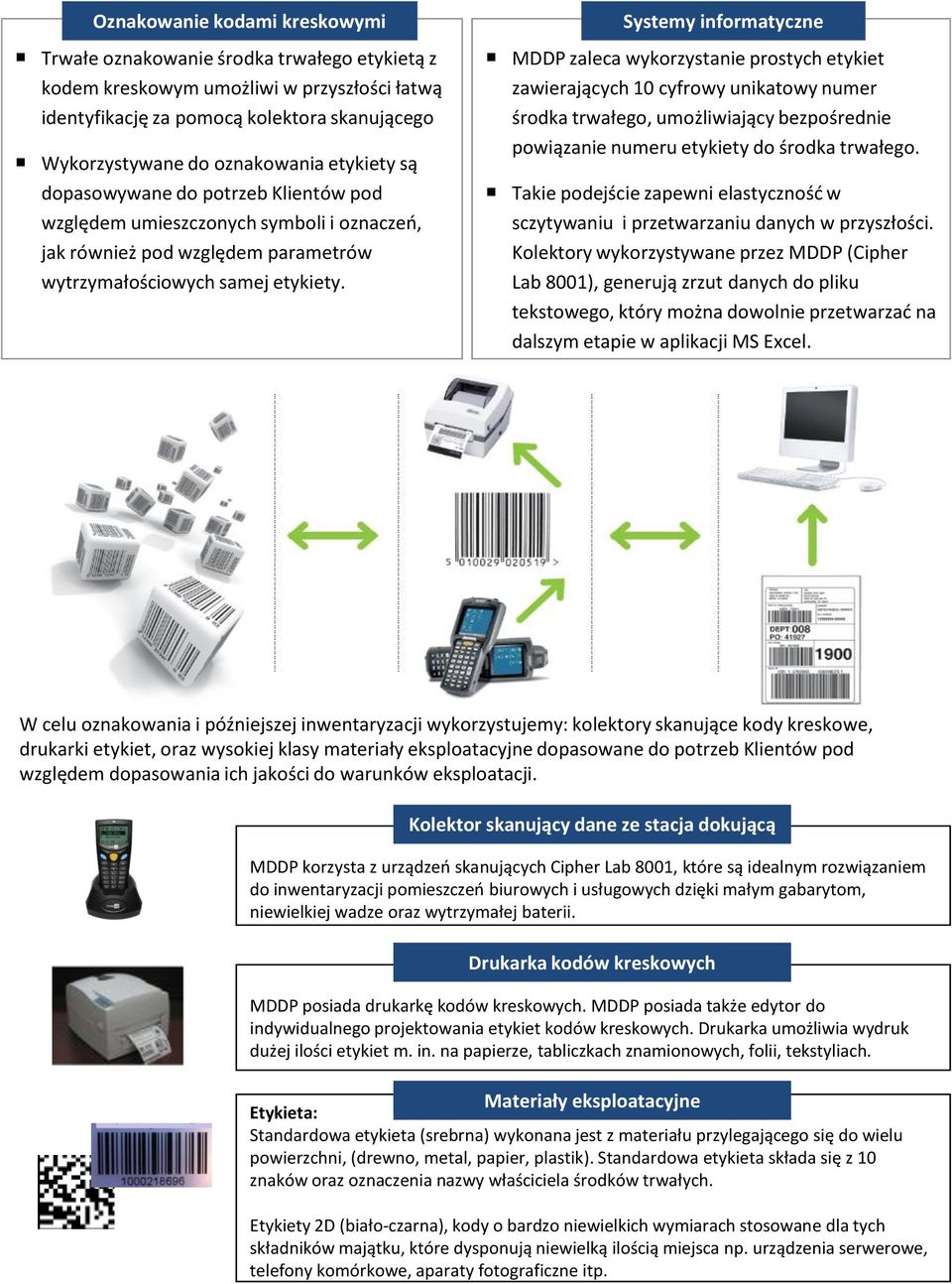 Systemy informatyczne MDDP zaleca wykorzystanie prostych etykiet zawierających 10 cyfrowy unikatowy numer środka trwałego, umożliwiający bezpośrednie powiązanie numeru etykiety do środka trwałego.