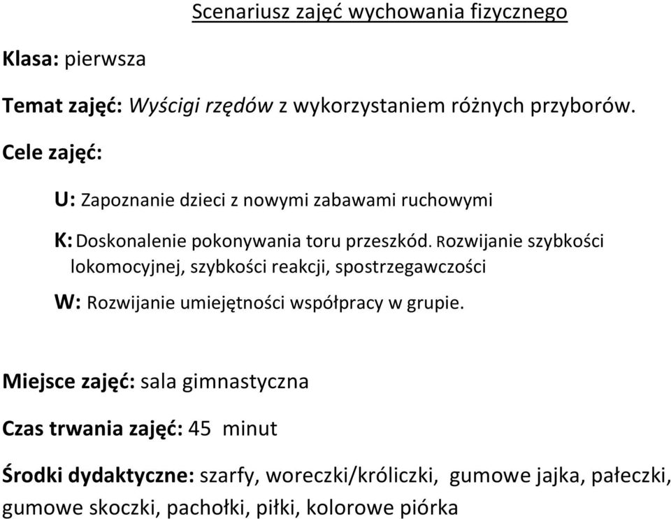 Rozwijanie szybkości lokomocyjnej, szybkości reakcji, spostrzegawczości W: Rozwijanie umiejętności współpracy w grupie.