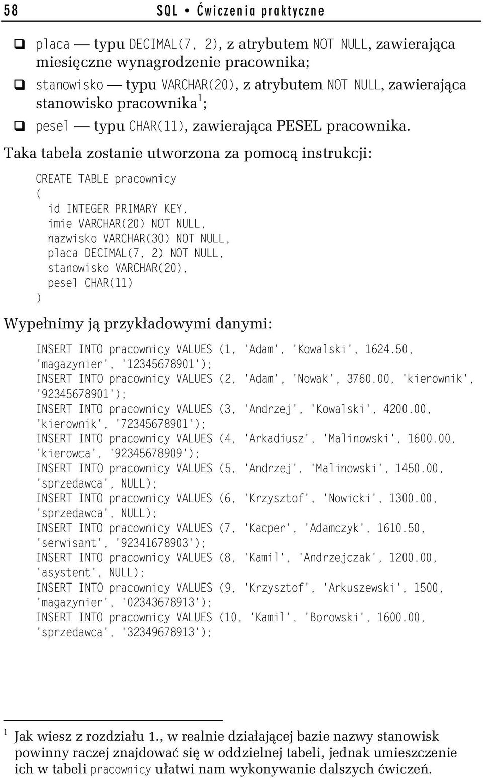 Taka tabela zostanie utworzona za pomocą instrukcji: SREAEELEABLELpracownicy ( LLidLINEEGERLPRIMARYLKEY, LLimieLVARSHAR(20)LNOELNULL, LLnazwiskoLVARSHAR(30)LNOELNULL, LLplacaLDESIMAL(7,L2)LNOELNULL,