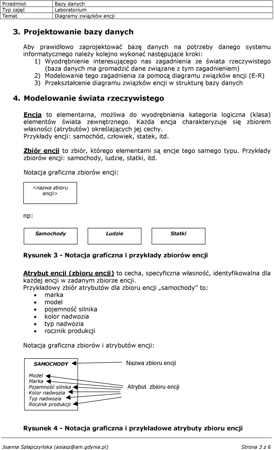 związków encji w strukturę bazy danych 4. Modelowanie świata rzeczywistego Encja to elementarna, możliwa do wyodrębnienia kategoria logiczna (klasa) elementów świata zewnętrznego.