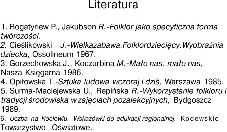 4. Opiłowska T.-Sztuka ludowa wczoraj i dziś, Warszawa 1985. 5. Surma-Maciejewska U., Repińska R.