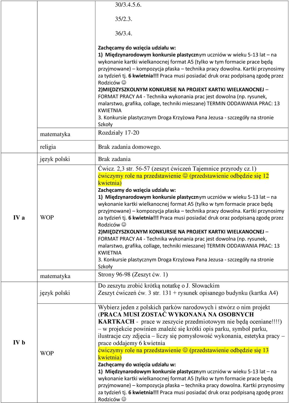 131 + rysunek opisanego budynku (kartka A4) IV b Wybierz jeden z polskich parków narodowych i stwórz o nim projekt (PRACA MUSI ZOSTAĆ WYKONANA NA OSOBNYCH KARTKACH - prace w zeszycie przedmiotowym