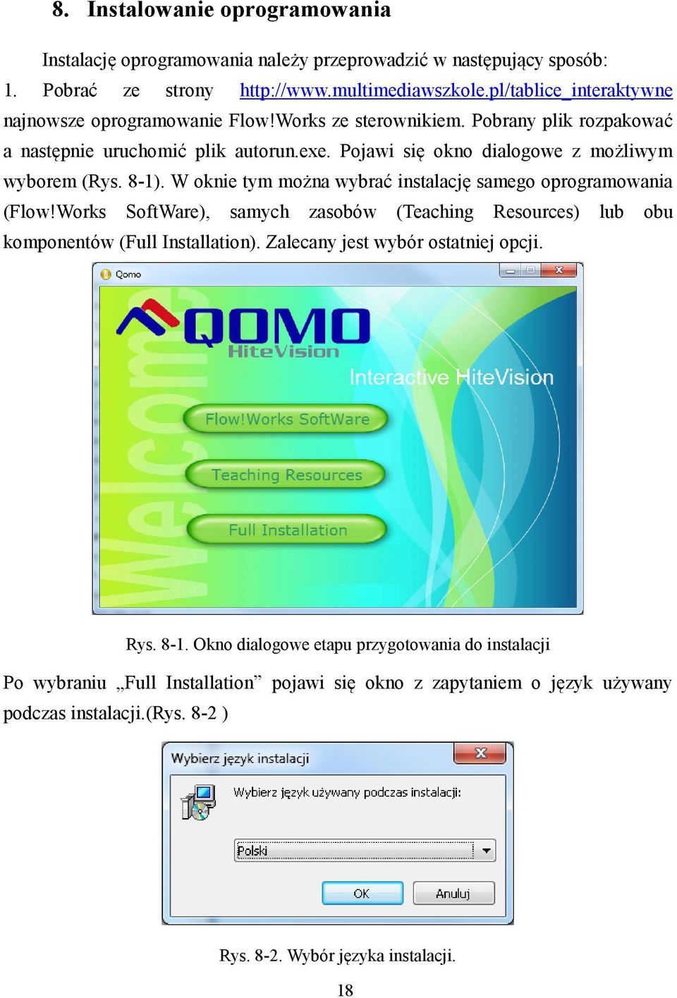 Pojawi się okno dialogowe z możliwym wyborem (Rys. 8-1). W oknie tym można wybrać instalację samego oprogramowania (Flow!