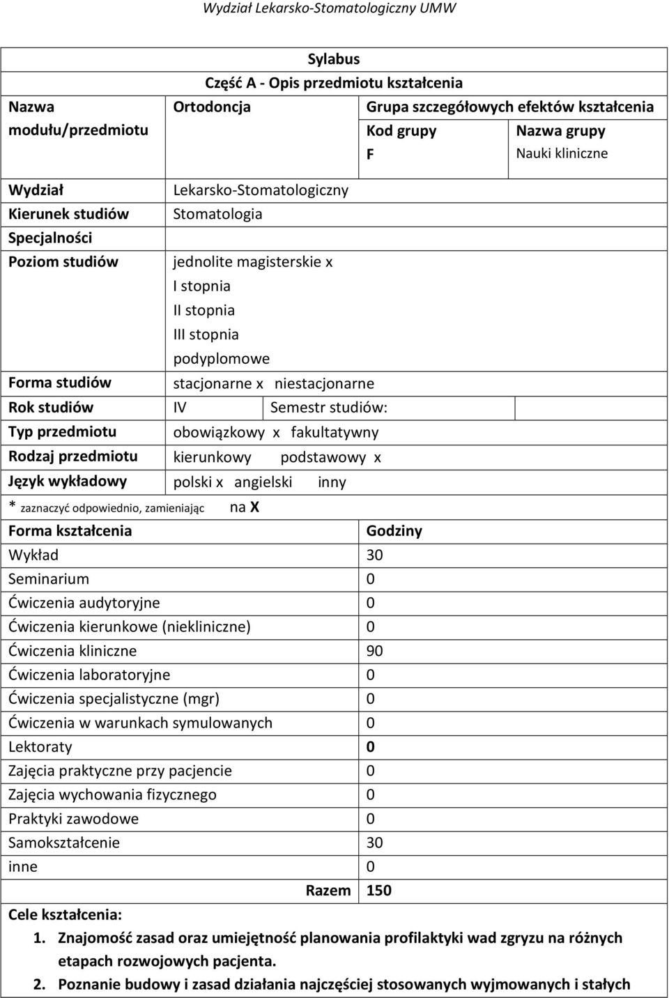 Typ przedmiotu obowiązkowy x fakultatywny Rodzaj przedmiotu kierunkowy podstawowy x Język wykładowy * zaznaczyć odpowiednio, zamieniając na X Forma kształcenia polski x angielski inny Wykład 30