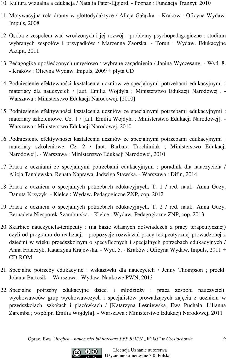 Pedagogika upośledzonych umysłowo : wybrane zagadnienia / Janina Wyczesany. - Wyd. 8. - Kraków : Oficyna Wydaw. Impuls, 2009 + płyta CD 14.