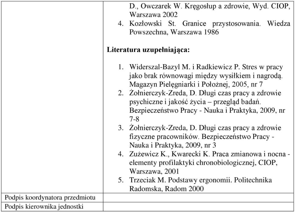 Stres w pracy jako brak równowagi między wysiłkiem i nagrodą. Magazyn Pielęgniarki i Położnej, 2005, nr 7 2. Żołnierczyk-Zreda, D. Długi czas pracy a zdrowie psychiczne i jakość życia przegląd badań.