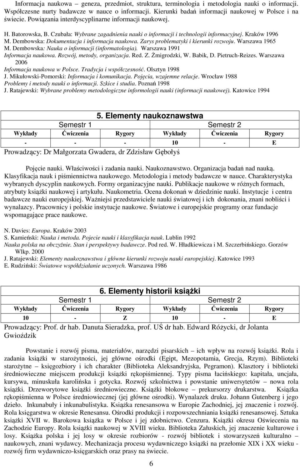 Czubała: Wybrane zagadnienia nauki o informacji i technologii informacyjnej. Kraków 1996 M. Dembowska: Dokumentacja i informacja naukowa. Zarys problematyki i kierunki rozwoju. Warszawa 1965 M.