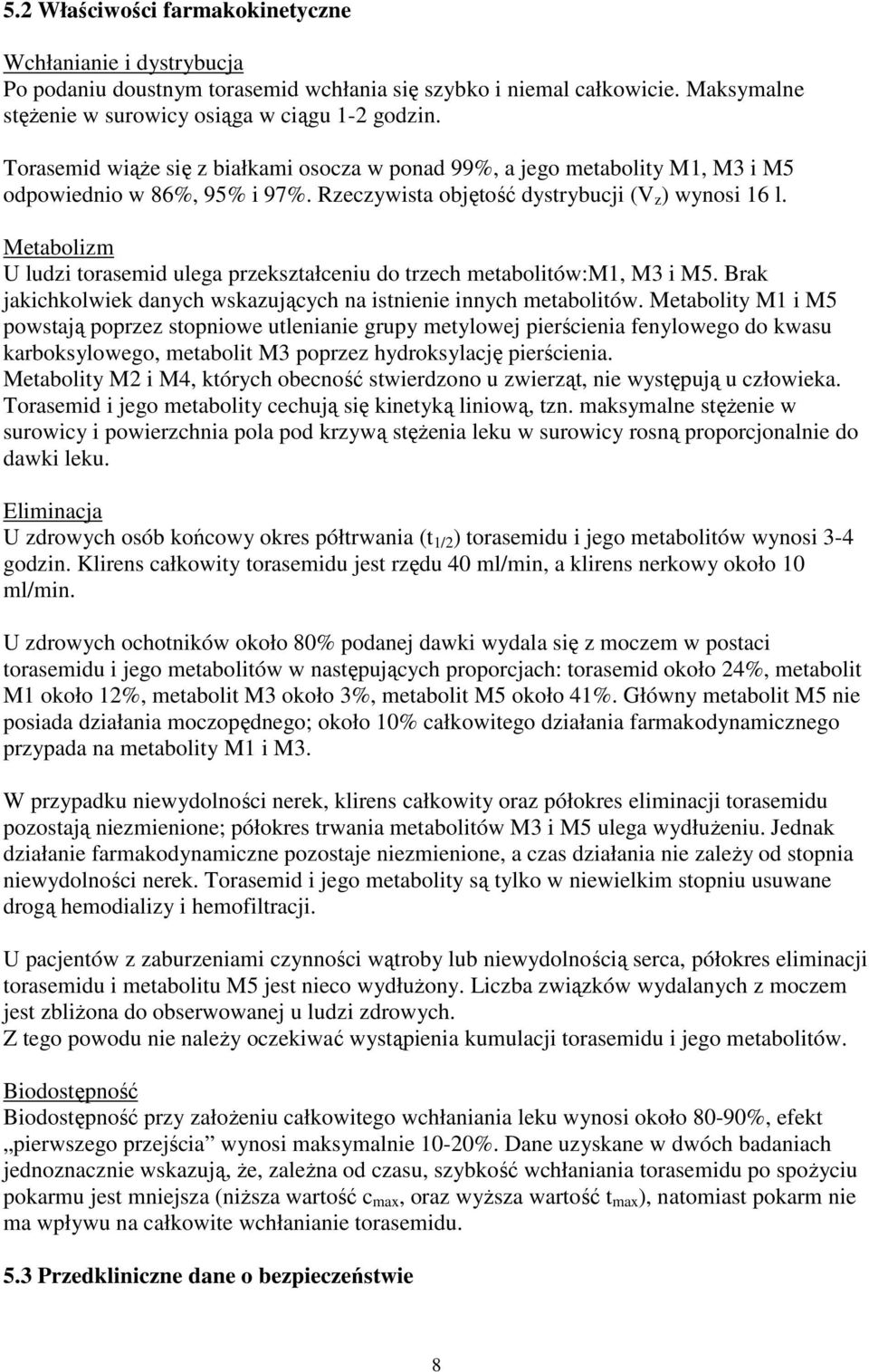 Metabolizm U ludzi torasemid ulega przekształceniu do trzech metabolitów:m1, M3 i M5. Brak jakichkolwiek danych wskazujących na istnienie innych metabolitów.
