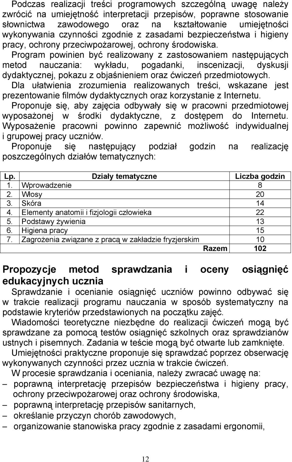 Program powinien być realizowany z zastosowaniem następujących metod nauczania: wykładu, pogadanki, inscenizacji, dyskusji dydaktycznej, pokazu z objaśnieniem oraz ćwiczeń przedmiotowych.