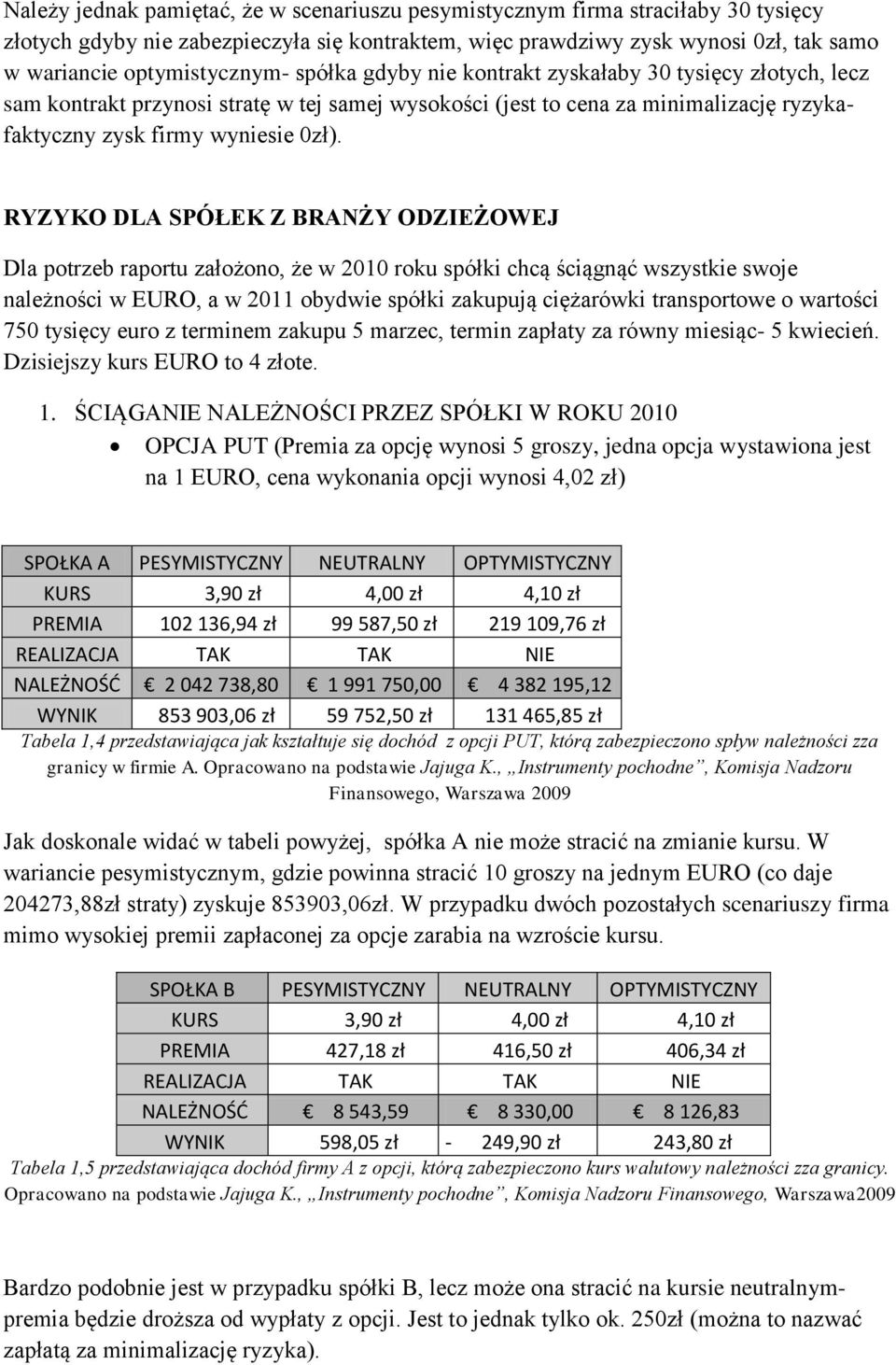 RYZYKO DLA SPÓŁEK Z BRANŻY ODZIEŻOWEJ Dla potrzeb raportu założono, że w 2010 roku spółki chcą ściągnąć wszystkie swoje należności w EURO, a w 2011 obydwie spółki zakupują ciężarówki transportowe o