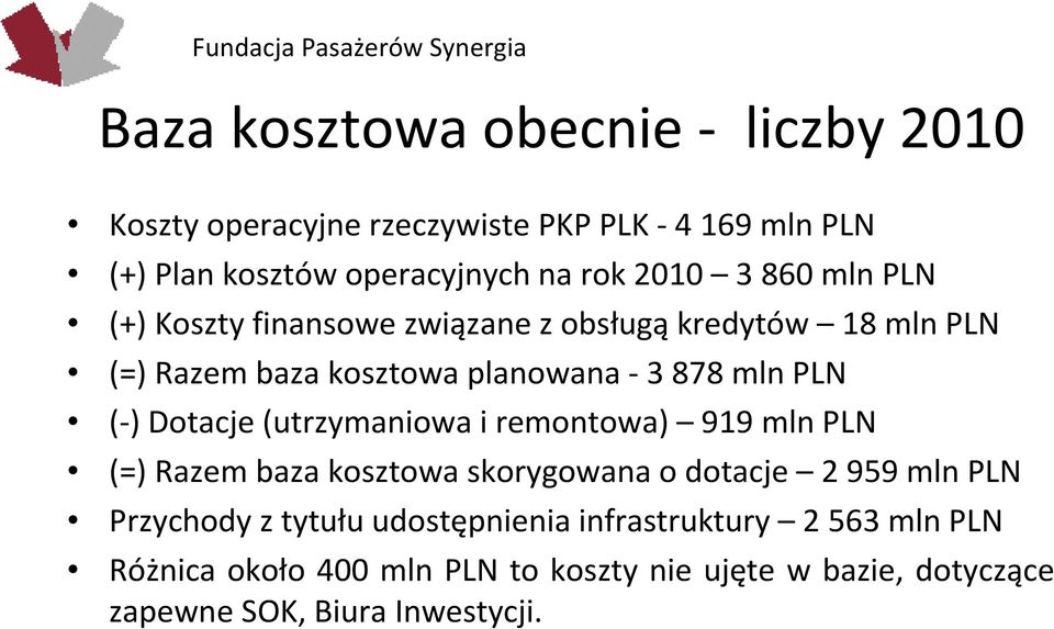 Dotacje (utrzymaniowa i remontowa) 919 mln PLN (=) Razem baza kosztowa skorygowana o dotacje 2 959 mln PLN Przychody z tytułu