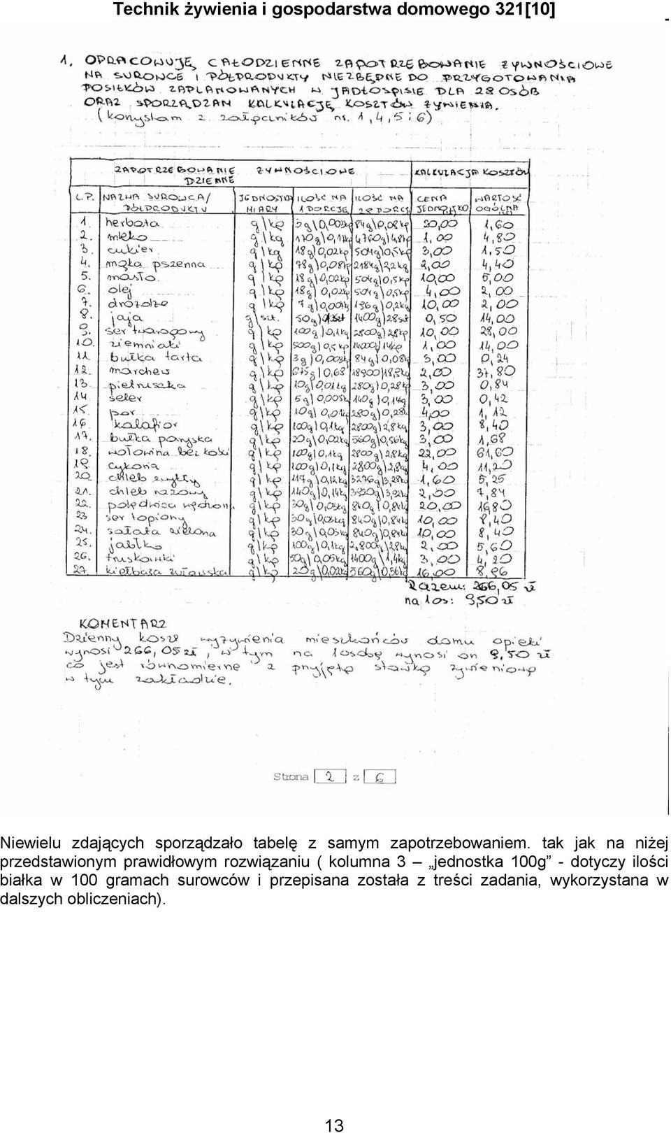 jednostka 100g - dotyczy ilości białka w 100 gramach surowców i