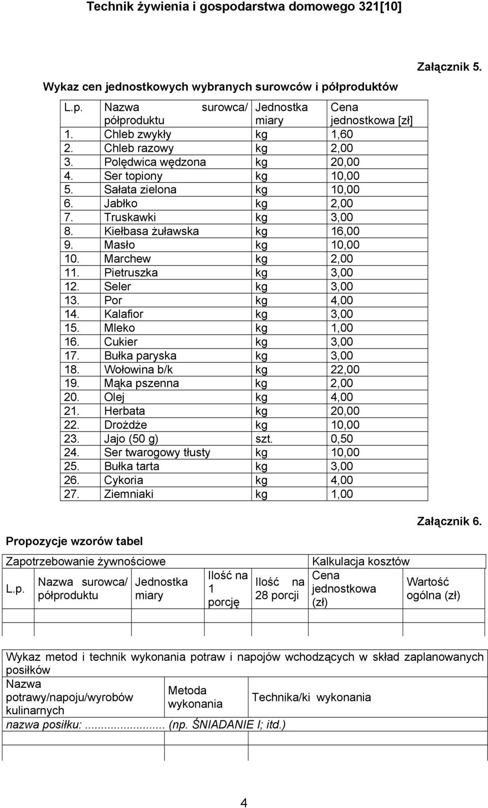 Pietruszka kg 3,00 12. Seler kg 3,00 13. Por kg 4,00 14. Kalafior kg 3,00 15. Mleko kg 1,00 16. Cukier kg 3,00 17. Bułka paryska kg 3,00 18. Wołowina b/k kg 22,00 19. Mąka pszenna kg 2,00 20.