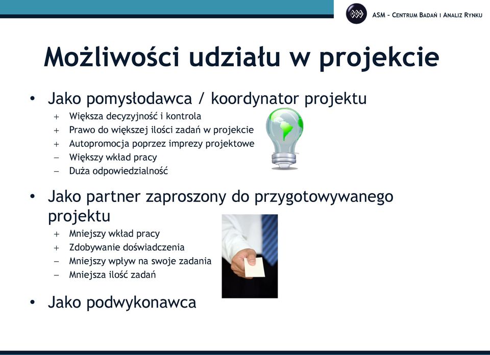 wkład pracy Duża odpowiedzialność Jako partner zaproszony do przygotowywanego projektu Mniejszy