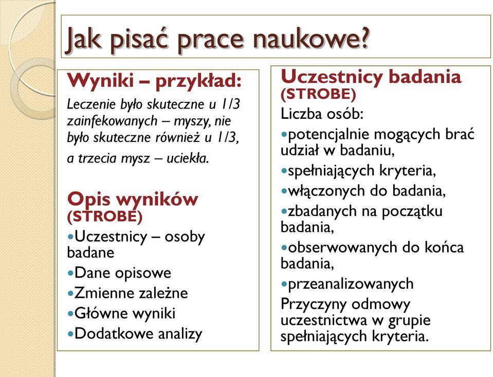 Opis wyników (STROBE) Uczestnicy osoby badane Dane opisowe Zmienne zależne Główne wyniki Dodatkowe analizy Uczestnicy badania