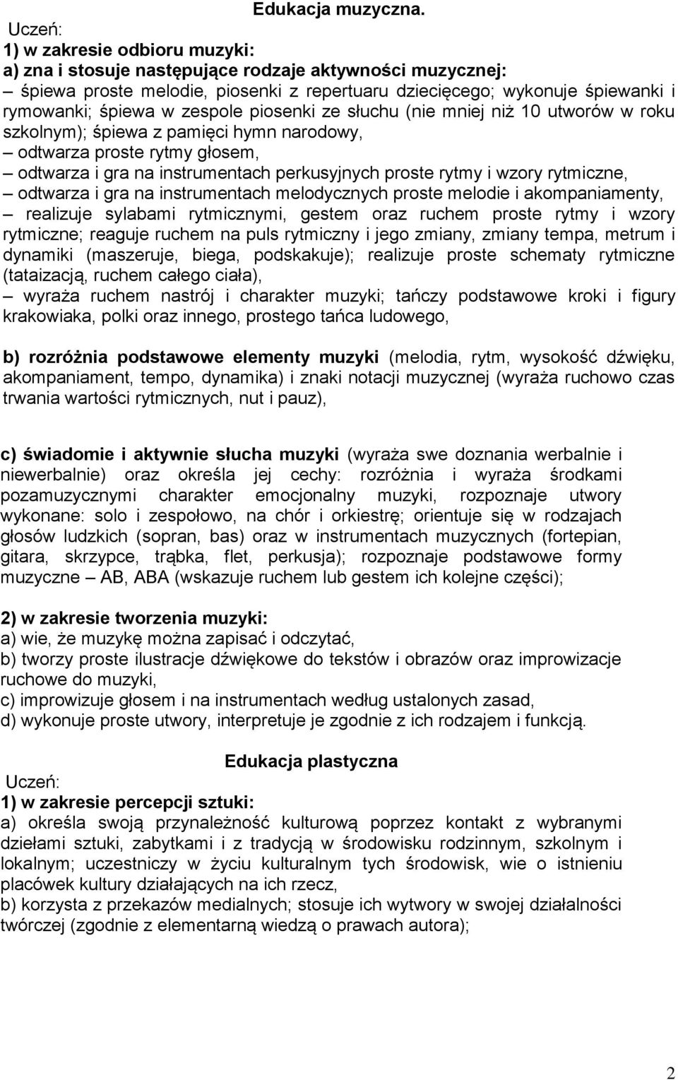 piosenki ze słuchu (nie mniej niż 10 utworów w roku szkolnym); śpiewa z pamięci hymn narodowy, odtwarza proste rytmy głosem, odtwarza i gra na instrumentach perkusyjnych proste rytmy i wzory