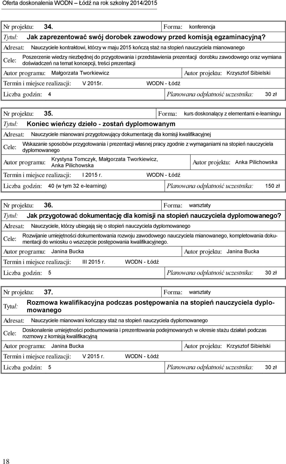 doświadczeń na temat koncepcji, treści prezentacji Autor programu: Małgorzata Tworkiewicz Termin i miejsce realizacji: V 2015r.