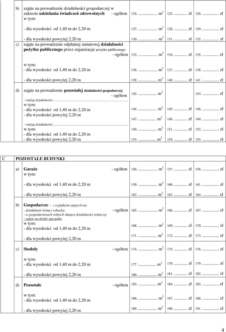 ... m 2 137.... zł 138.... zł 139.... m 2 140.... zł 141.... zł d) zajęte na prowadzenie pozostałej działalności gospodarczej 142.... m 2 144.... m 2 147.... m 2 150.... m 2 153.... m 2 145.... zł 148.