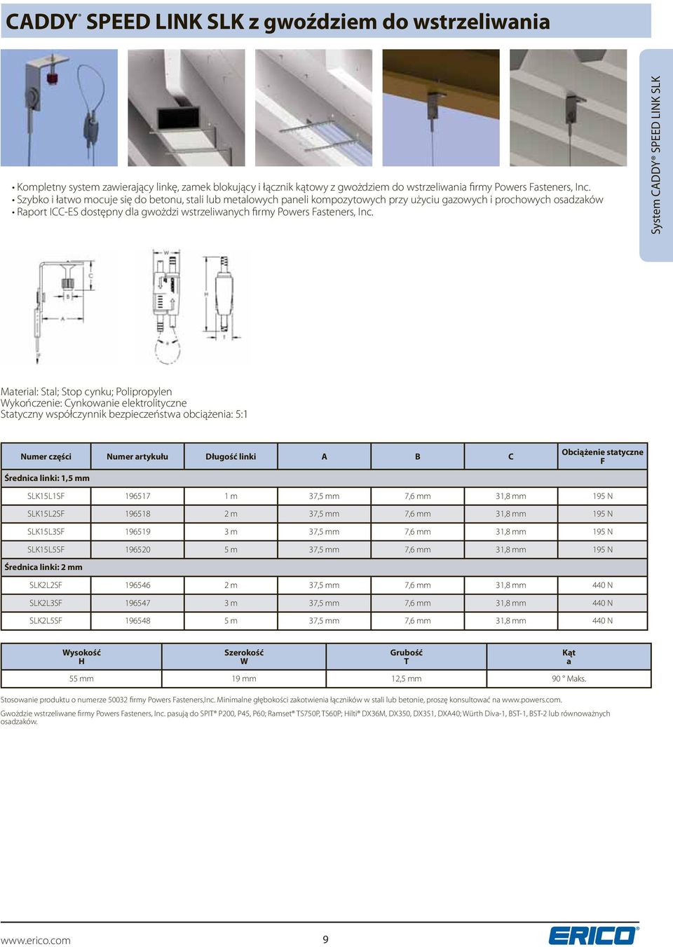 System CADDY SPEED LINK SLK Material: Stal; Stop cynku; Polipropylen Statyczny współczynnik bezpieczeństwa obciążenia: 5:1 Numer artykułu Długość linki A B C Średnica linki: 1,5 mm statyczne SLK15L1S