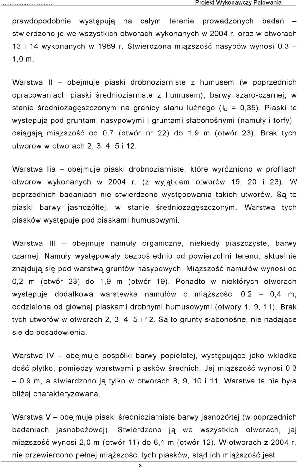 Warstwa II obejmuje piaski drobnoziarniste z humusem (w poprzednich opracowaniach piaski średnioziarniste z humusem), barwy szaro-czarnej, w stanie średniozagęszczonym na granicy stanu luźnego (I D =