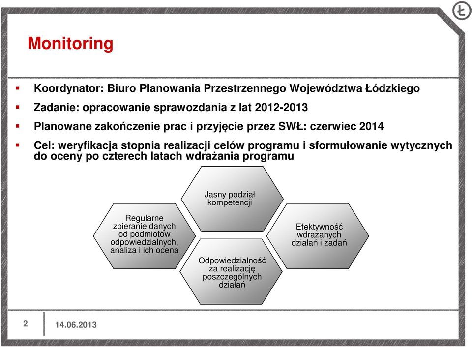 sformułowanie wytycznych do oceny po czterech latach wdrażania programu Jasny podział kompetencji Regularne zbieranie danych od