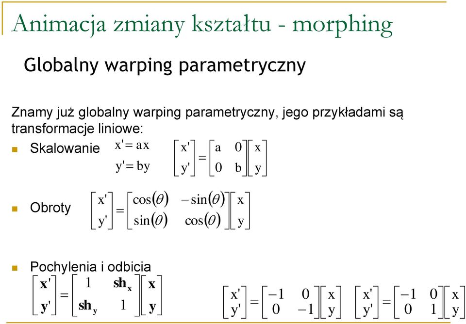 Obroty Pochylenia i odbicia by y ax x ' ' y x b a y x 0 0 ' ' y x y x