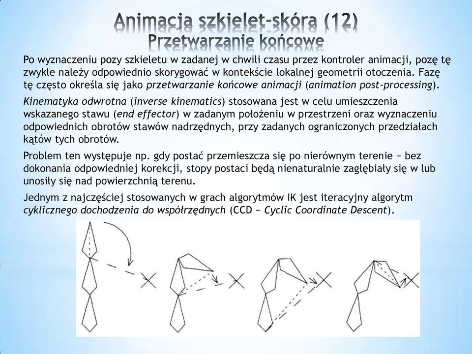 Kinematyka odwrotna (inverse kinematics) stosowana jest w celu umieszczenia wskazanego stawu (end effector) w zadanym położeniu w przestrzeni oraz wyznaczeniu odpowiednich obrotów stawów nadrzędnych,