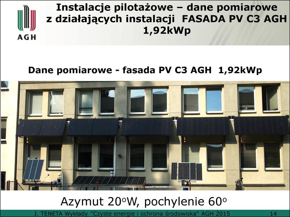 fasada PV C3 AGH 1,92kWp Azymut 20 o W, pochylenie 60 o