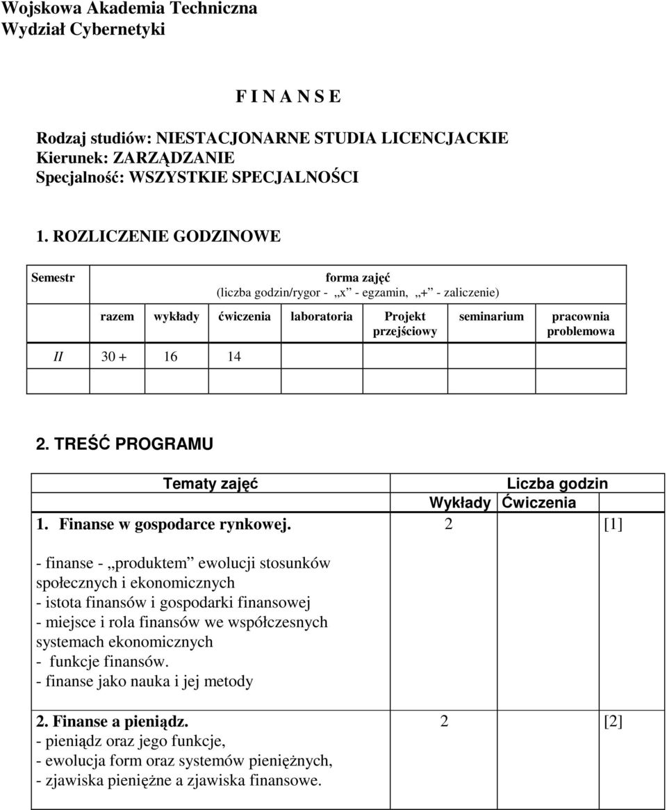 TREŚĆ PROGRAMU Tematy zajęć 1. Finanse w gospodarce rynkowej.