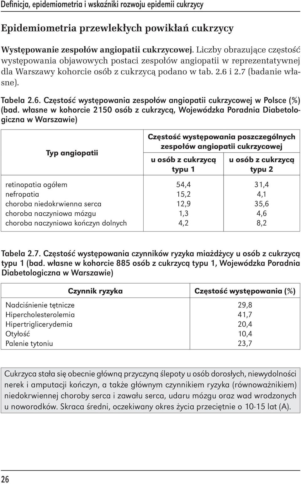 i 2.7 (badanie własne). Tabela 2.6. Częstość występowania zespołów angiopatii cukrzycowej w Polsce (%) (bad.