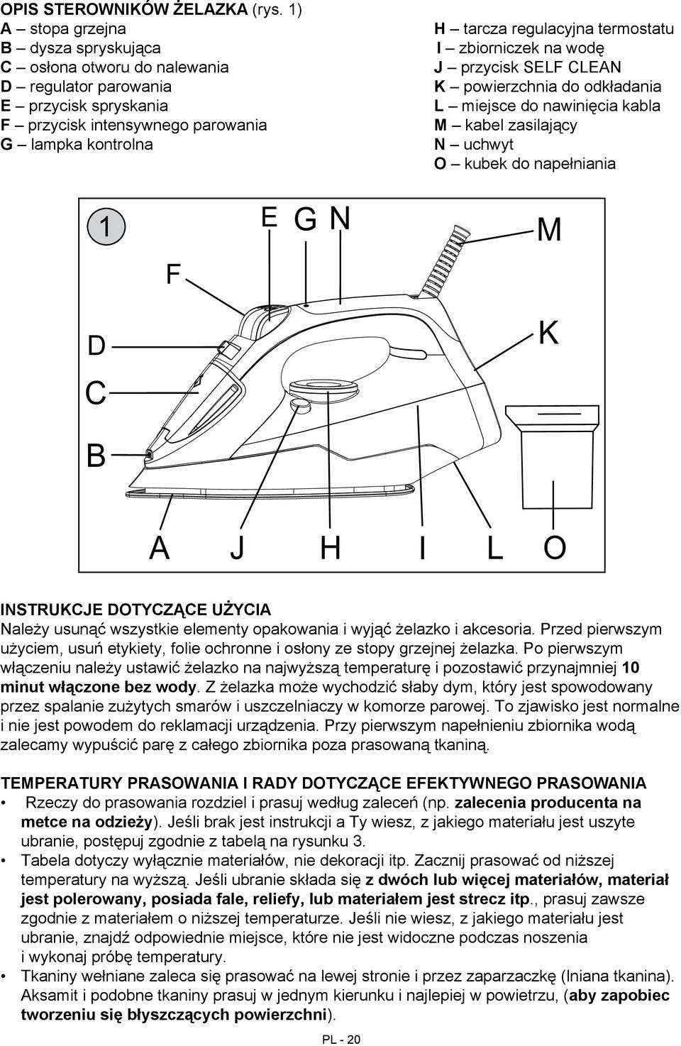 zbiorniczek na wodę J przycisk SELF CLEAN K powierzchnia do odkładania L miejsce do nawinięcia kabla M kabel zasilający N uchwyt O kubek do napełniania 1 E G N M F D K C B A J H I L O Instrukcje