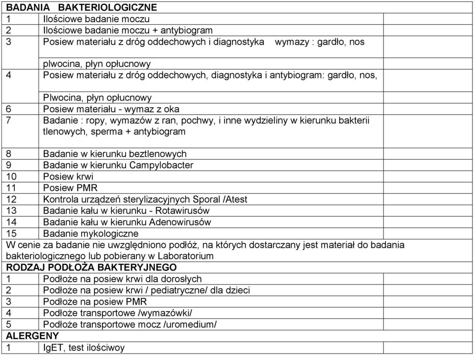 bakterii tlenowych, sperma + antybiogram 8 Badanie w kierunku beztlenowych 9 Badanie w kierunku Campylobacter 10 Posiew krwi 11 Posiew PMR 12 Kontrola urządzeń sterylizacyjnych Sporal /Atest 13