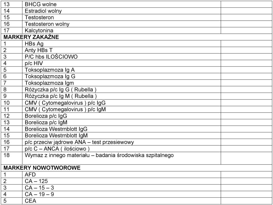 11 CMV ( Cytomegalovirus ) p/c IgM 12 Borelioza p/c IgG 13 Borelioza p/c IgM 14 Borelioza Westrnblott IgG 15 Borelioza Westrnblott IgM 16 p/c przeciw jądrowe