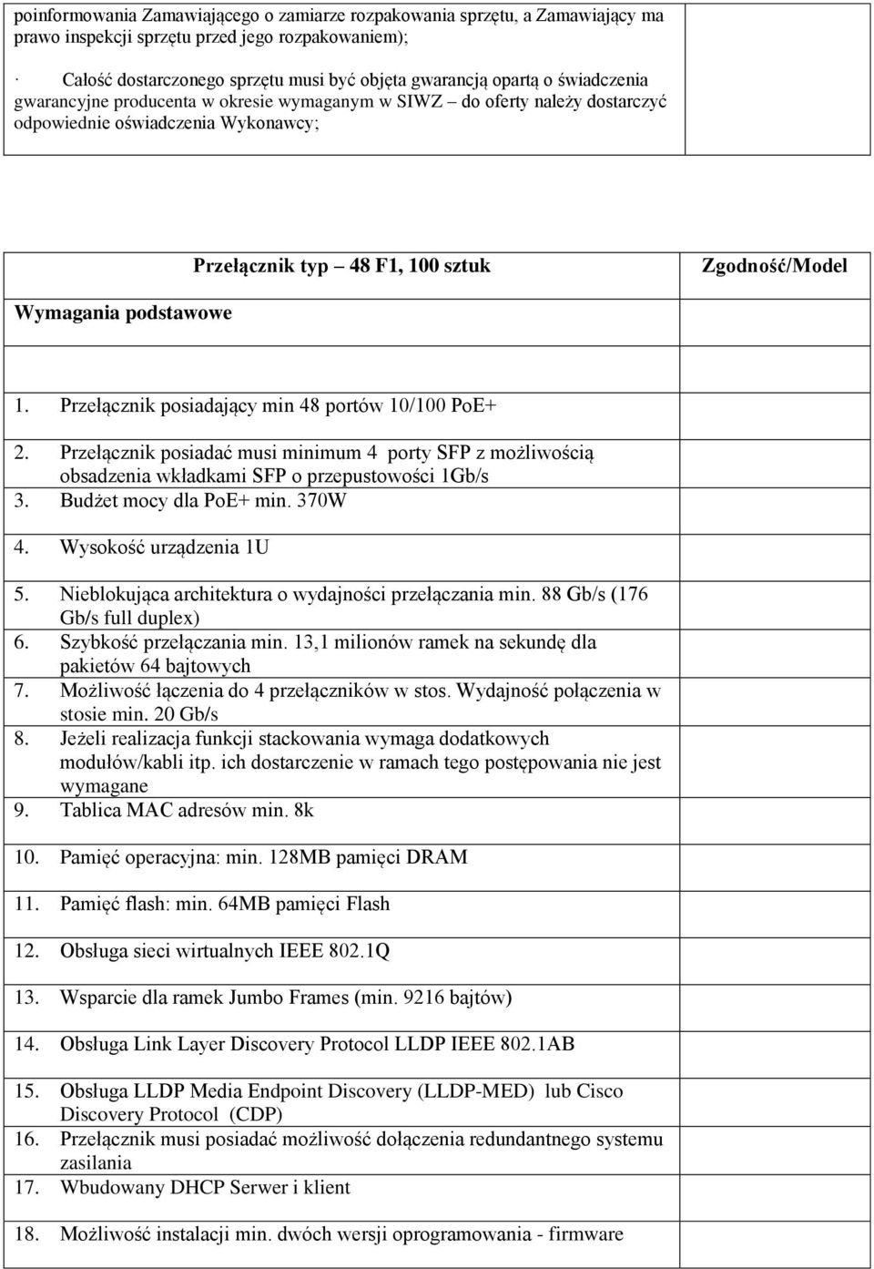 Przełącznik posiadający min 48 portów 10/100 PoE+ 2. Przełącznik posiadać musi minimum 4 porty SFP z możliwością obsadzenia wkładkami SFP o przepustowości 1Gb/s 3. Budżet mocy dla PoE+ min. 370W 4.
